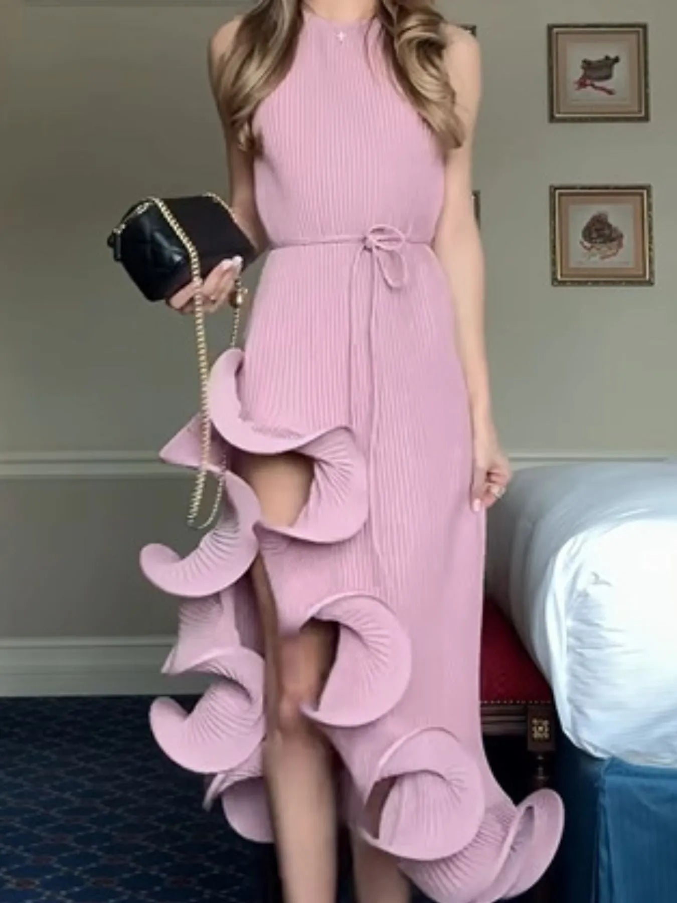 Ruffle Hem Ribbed Sleeveless Dress