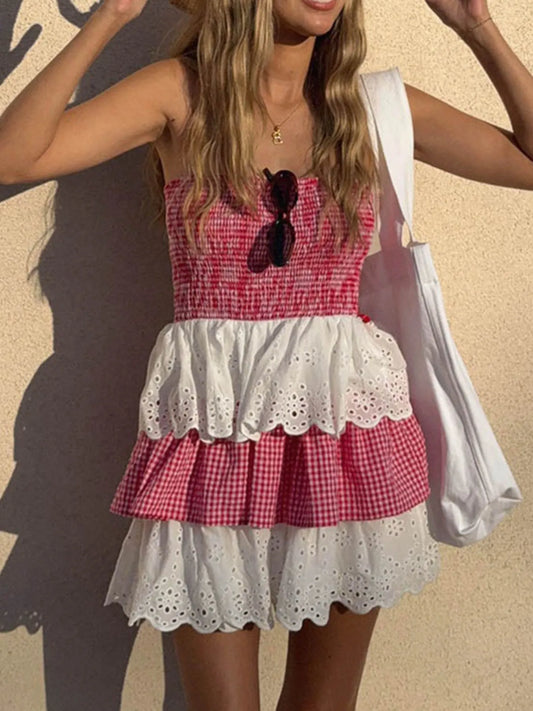 Eyelet Gingham Ruffle Layered Tube Dress