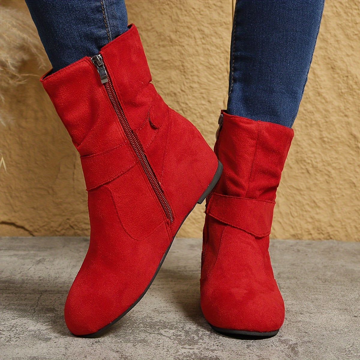 Ankle Boots  Round Toe Buckle Belt Side Zipper Boots