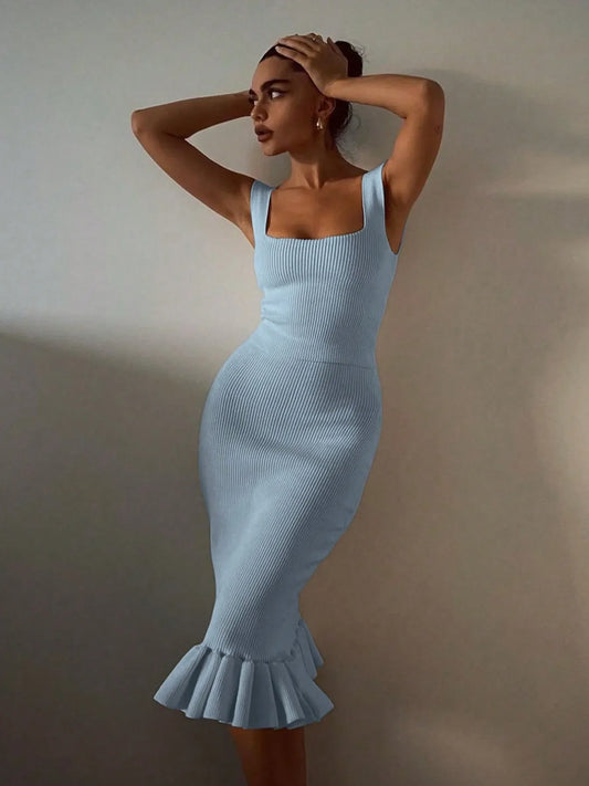 Ribbed Knit Bodycon Mermaid Dress with Ruffle Hem