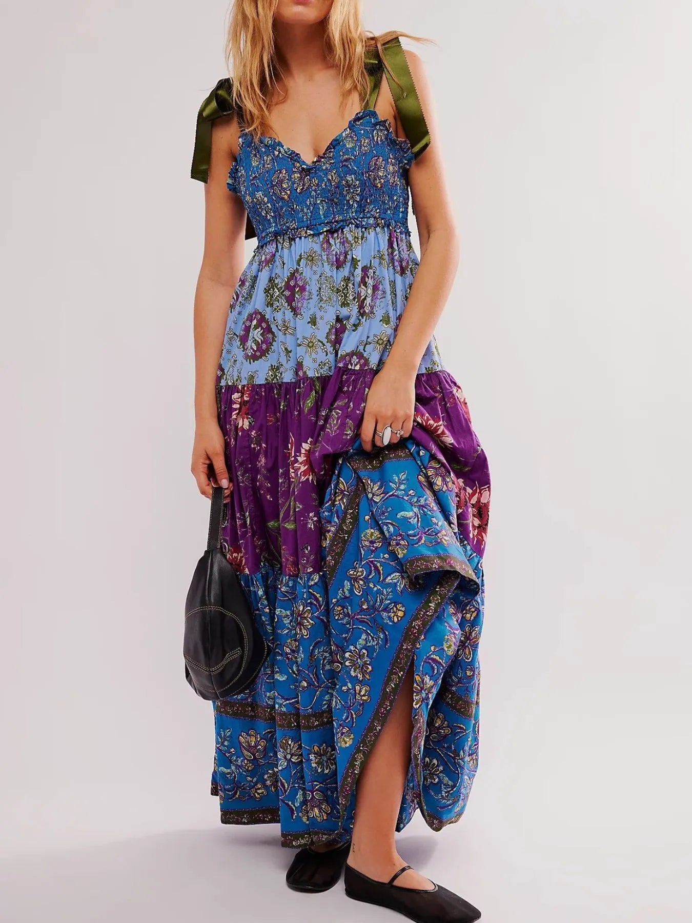 Smocked Printed Tie Shoulder Maxi Dress