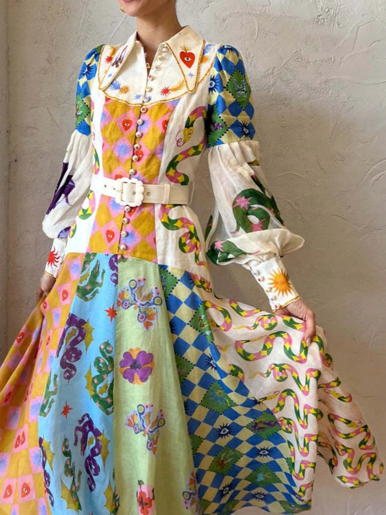 Printed Lantern Sleeve Midi Shirt Dress