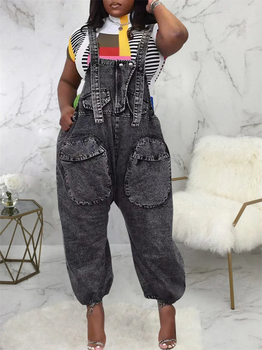 Wmstar Women's Jumpsuit Denim Cargo Pockets One Piece Outfits Wide Leg Black Fashion Streetwear Romper Wholesale Dropshipping