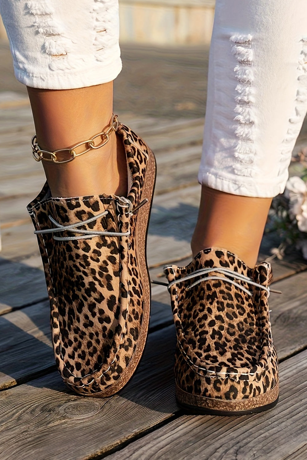 Chestnut Lightweight Leopard Print Lace Up Casual Shoes