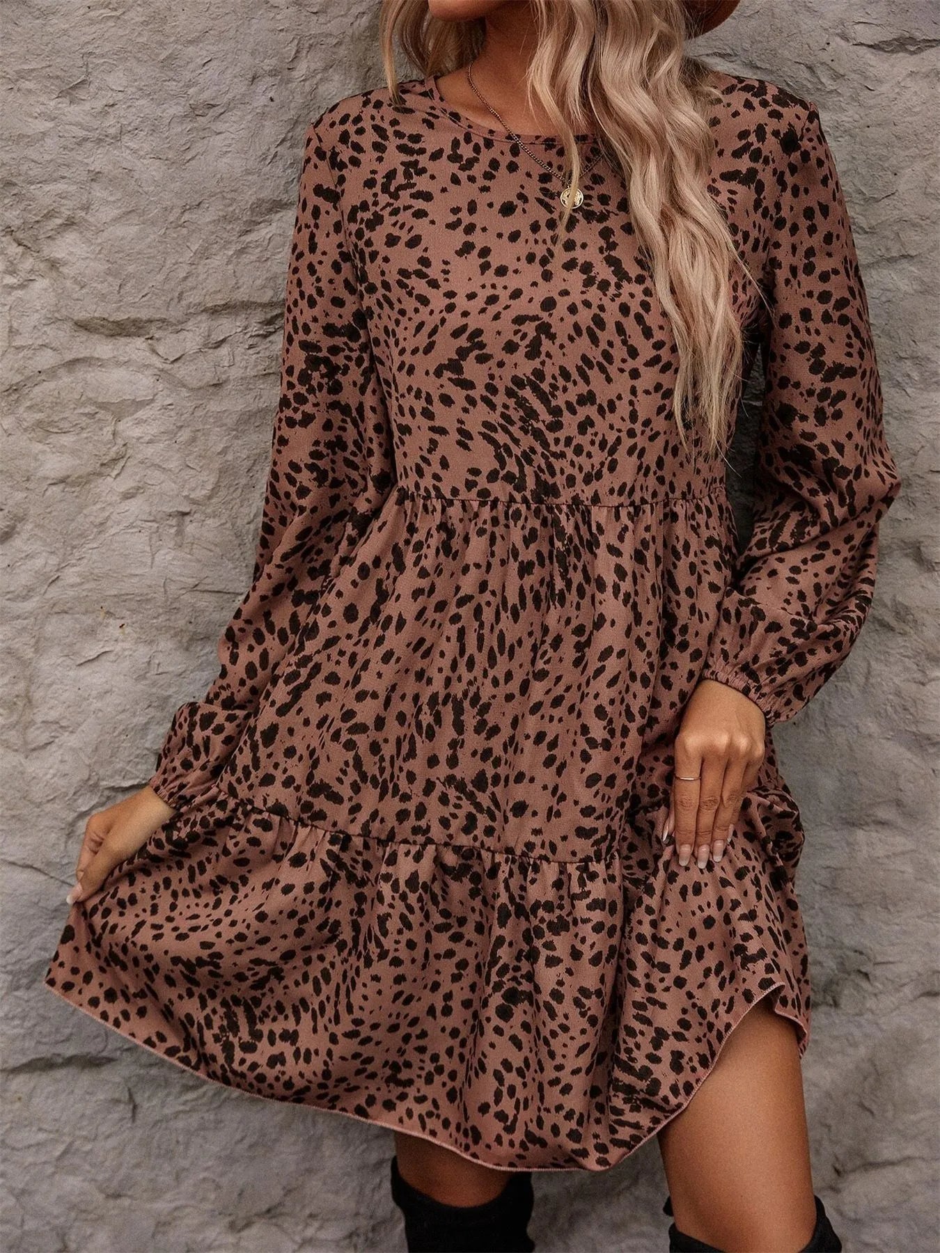 Leopard Print Long Sleeve Casual Dress