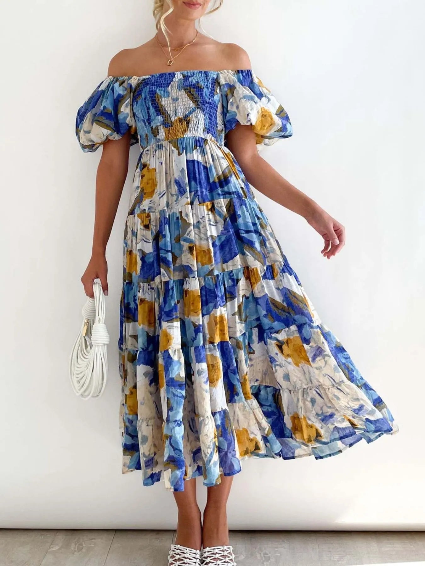 Floral Smocked Puff Sleeve Tiered Dress