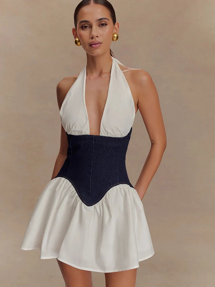 JULISSA MO Patchwork Sexy Deep V-neck Denim Mini Dress Women White Backless Halter Dress Summer Slim Elegant Party Club Outfits