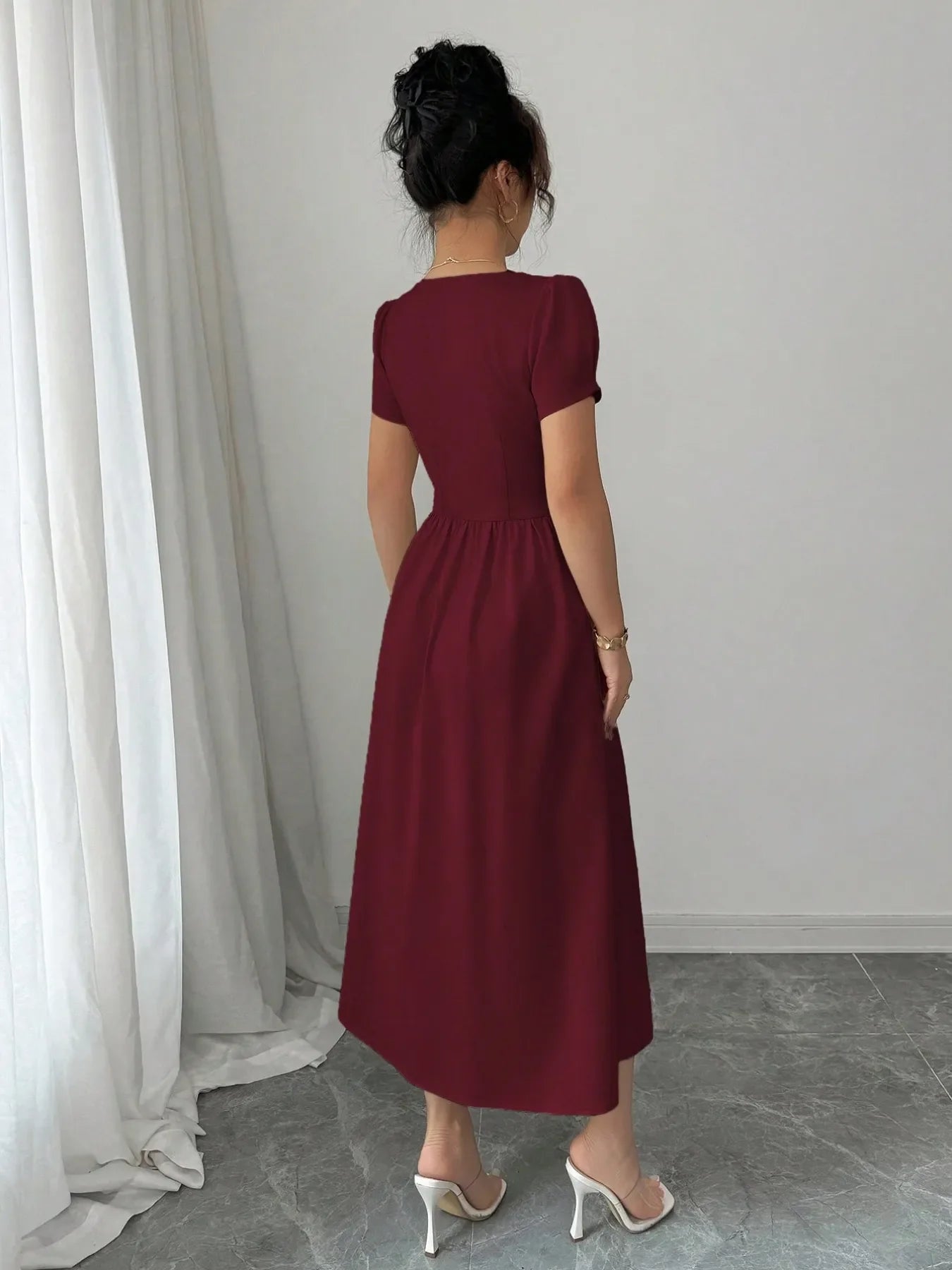 Square Neck Puff Sleeve Midi Dress