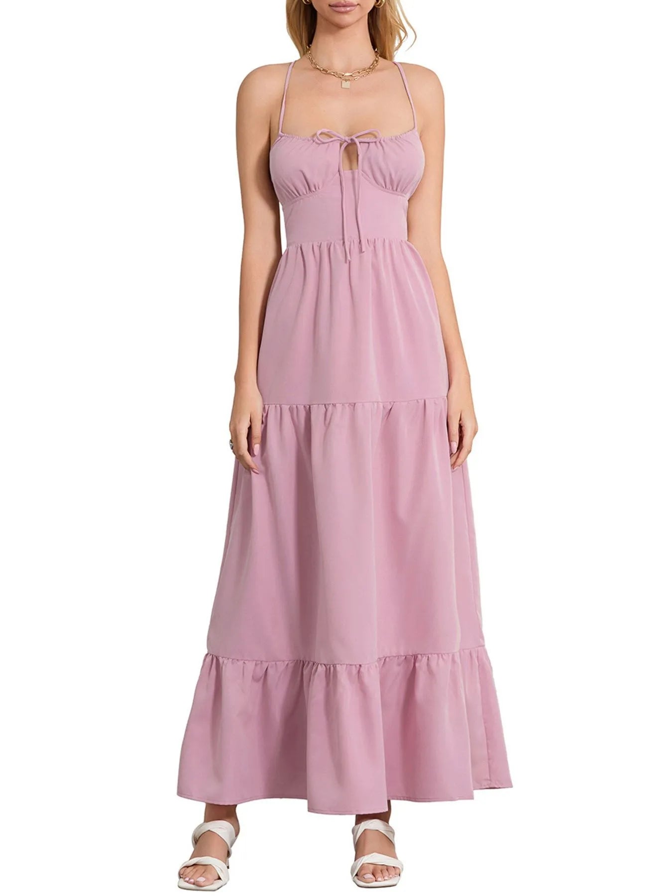 Tiered Lace Up Spaghetti Straps Maxi Dress
