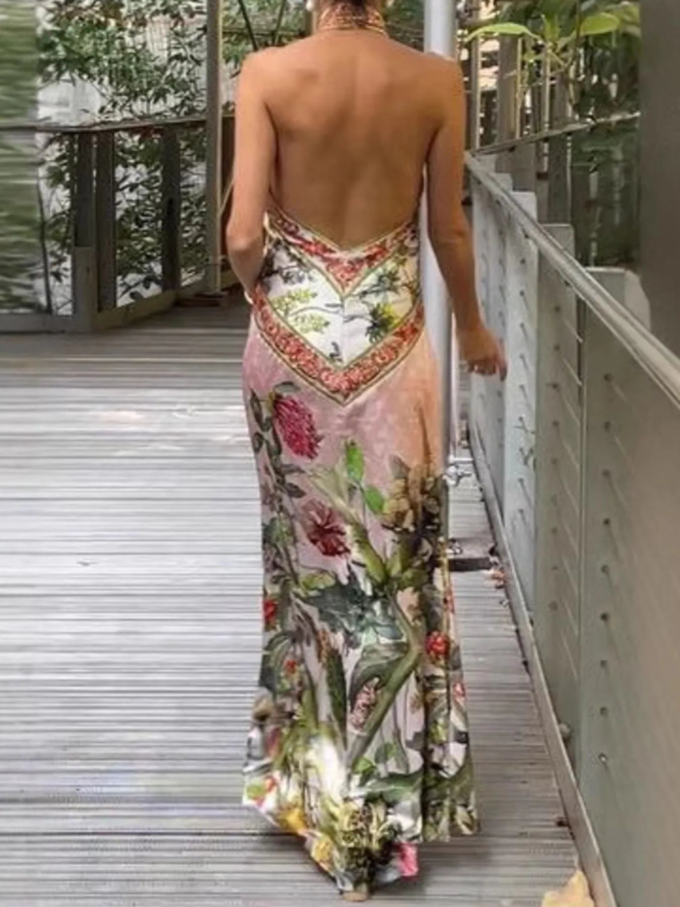 Printed Halter Neck Backless Maxi Dress