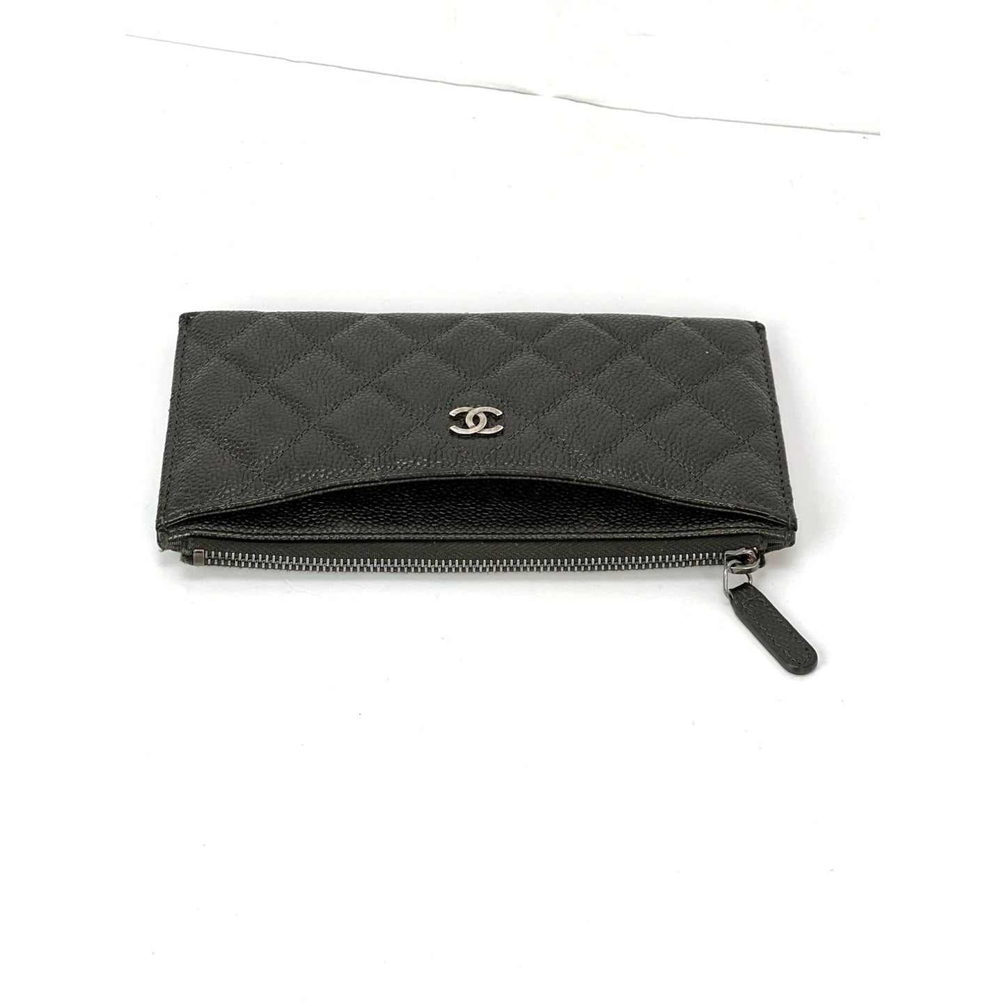 Chanel Metallic Caviar Quilted Classic Zip Dark Charcoal Pouch Clutch