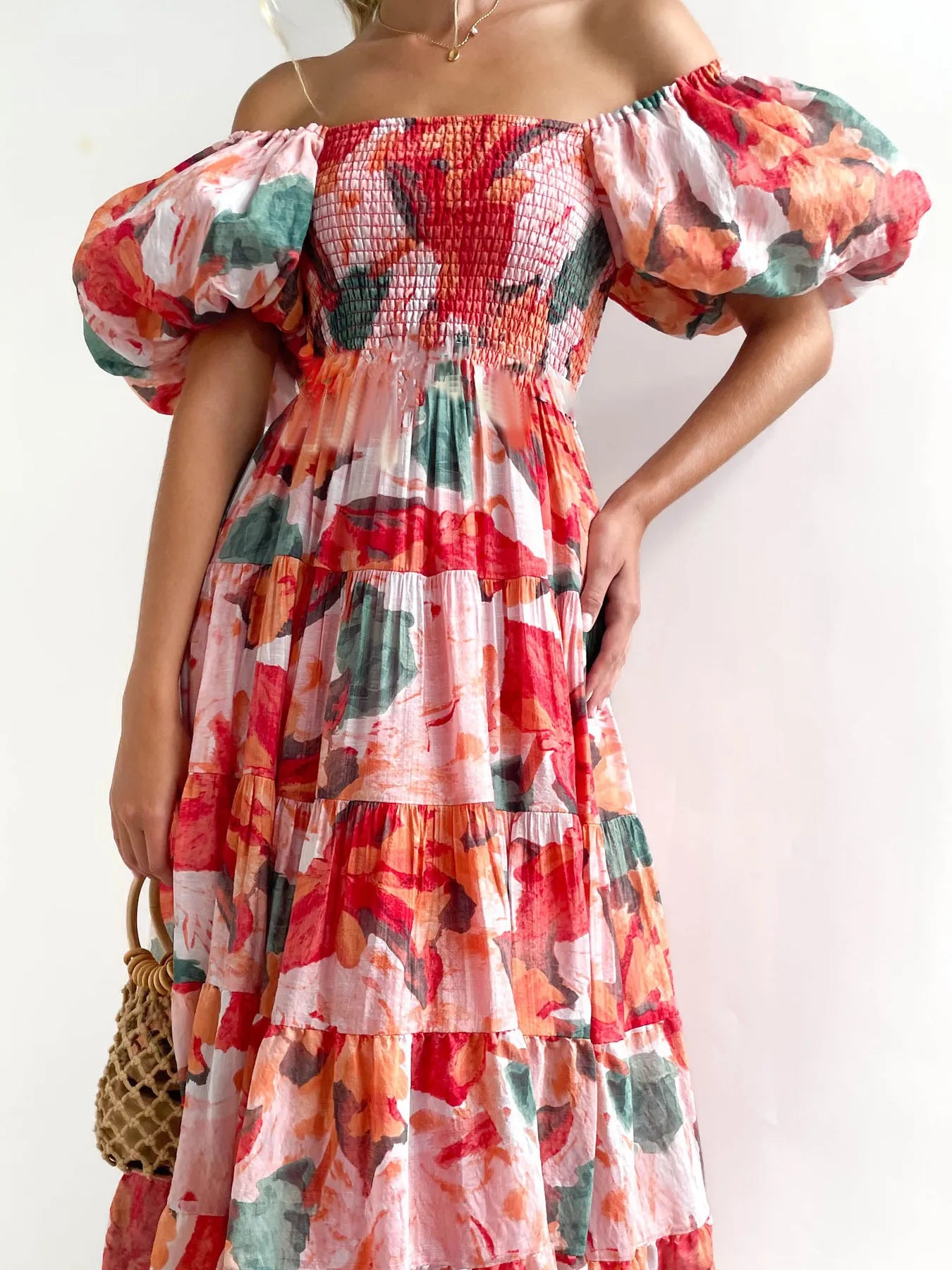 Floral Smocked Puff Sleeve Tiered Dress
