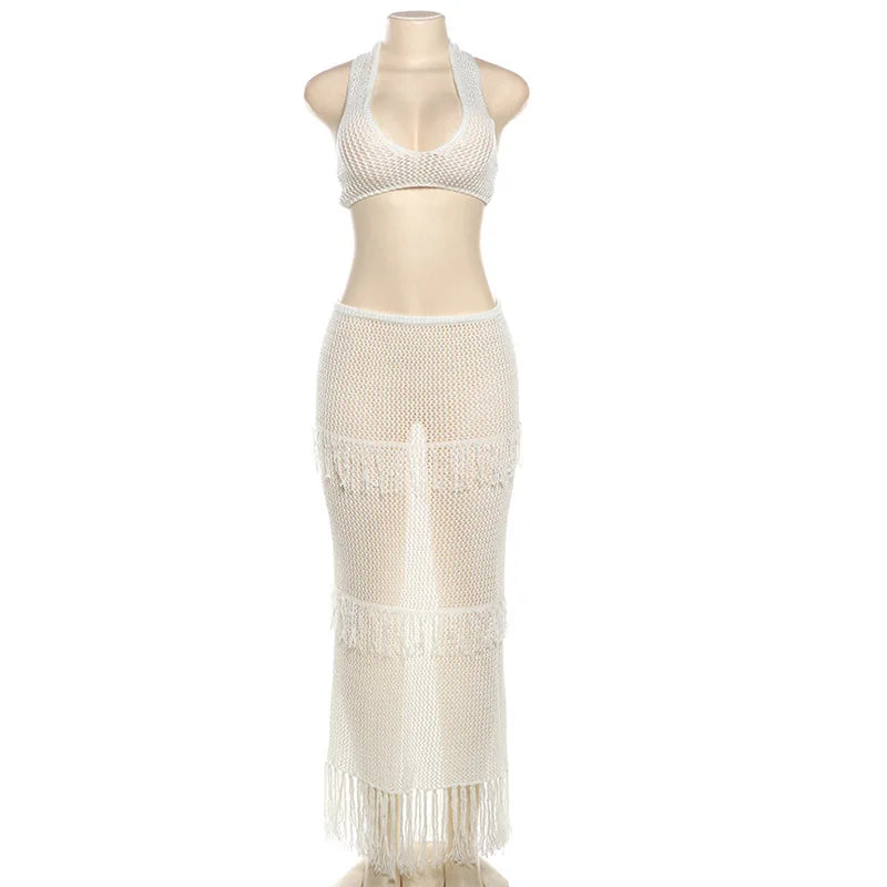 Knitted Crochet 2 Piece Skirt Sets Sexy Ruffle Elegant Fringe Tassel Dress 2024 Summer Outfits Crop Top Two Piece Skirt Sets