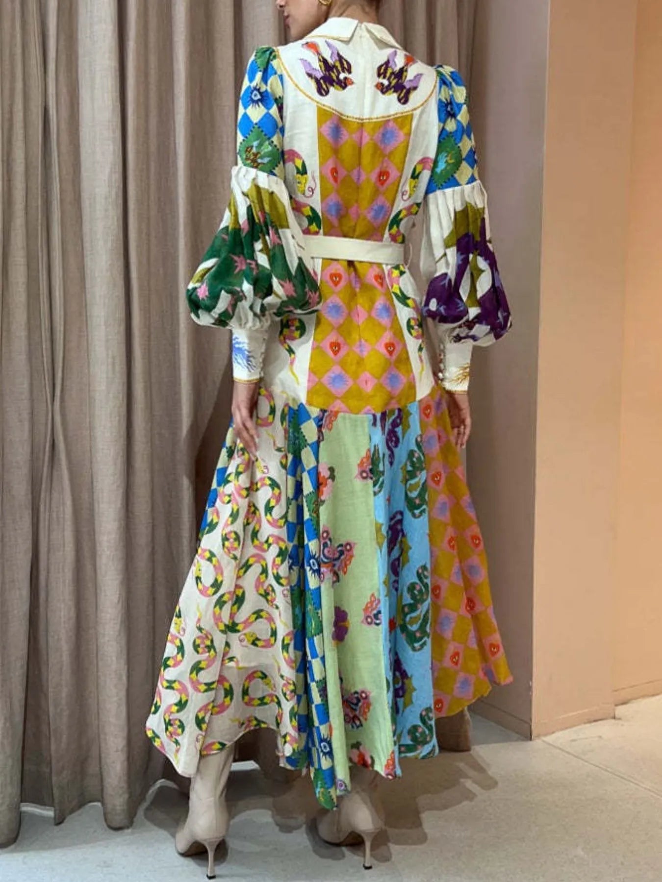 Printed Lantern Sleeve Midi Shirt Dress