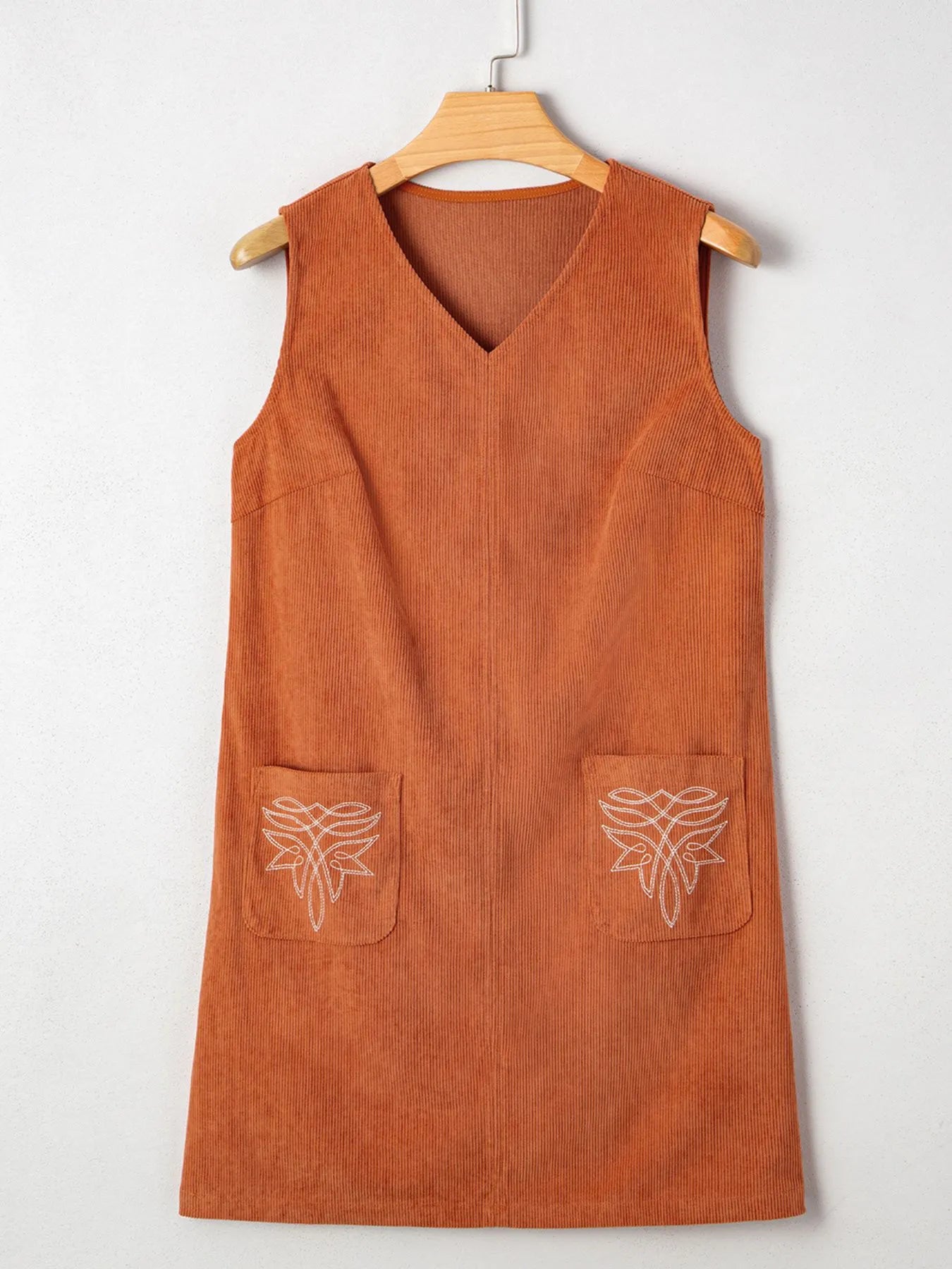 Corduroy Western Embroidered Patched Pocket Shift Sleeveless Mini Dress