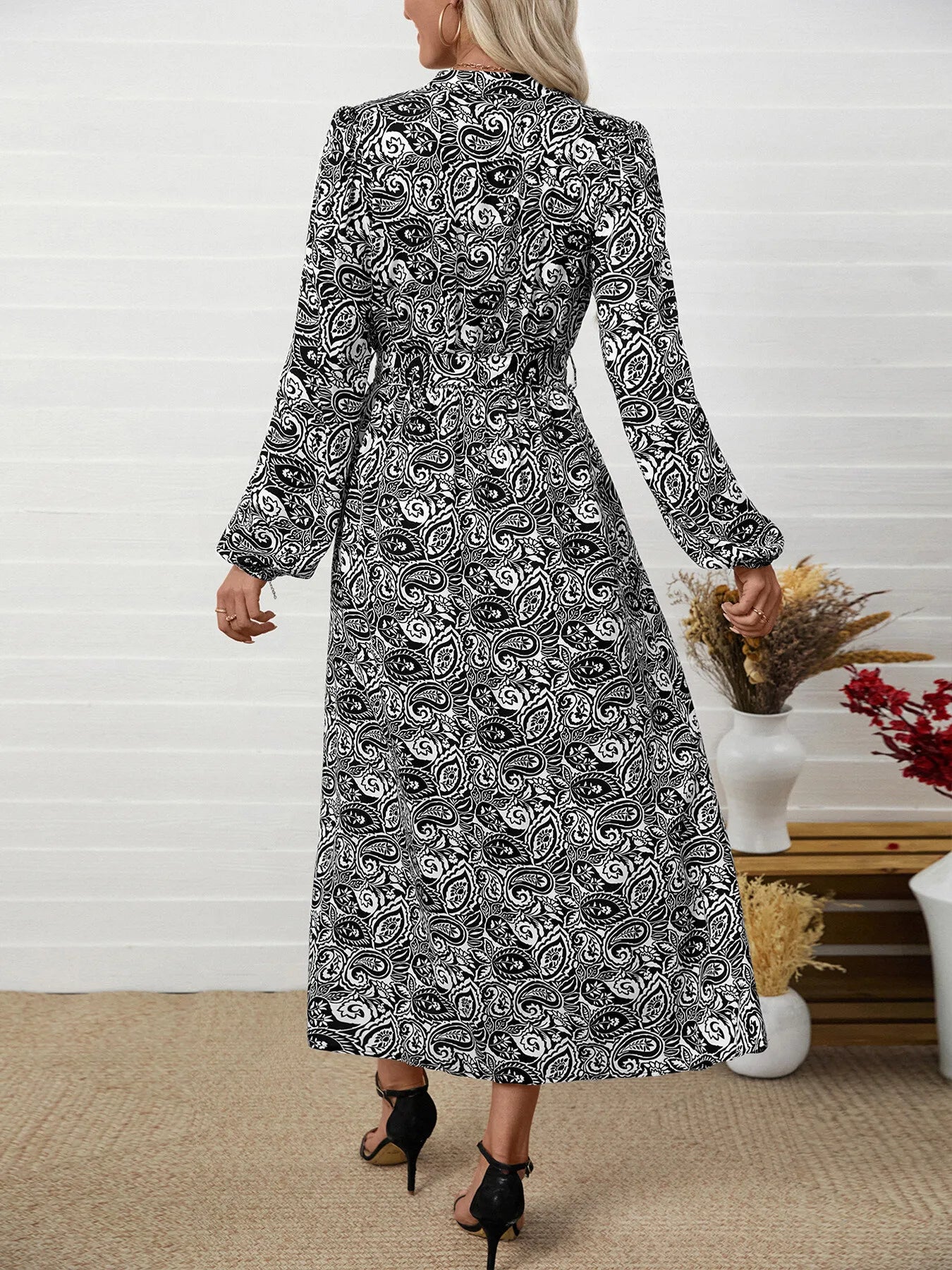 Paisley Print Long Sleeve Midi Dress