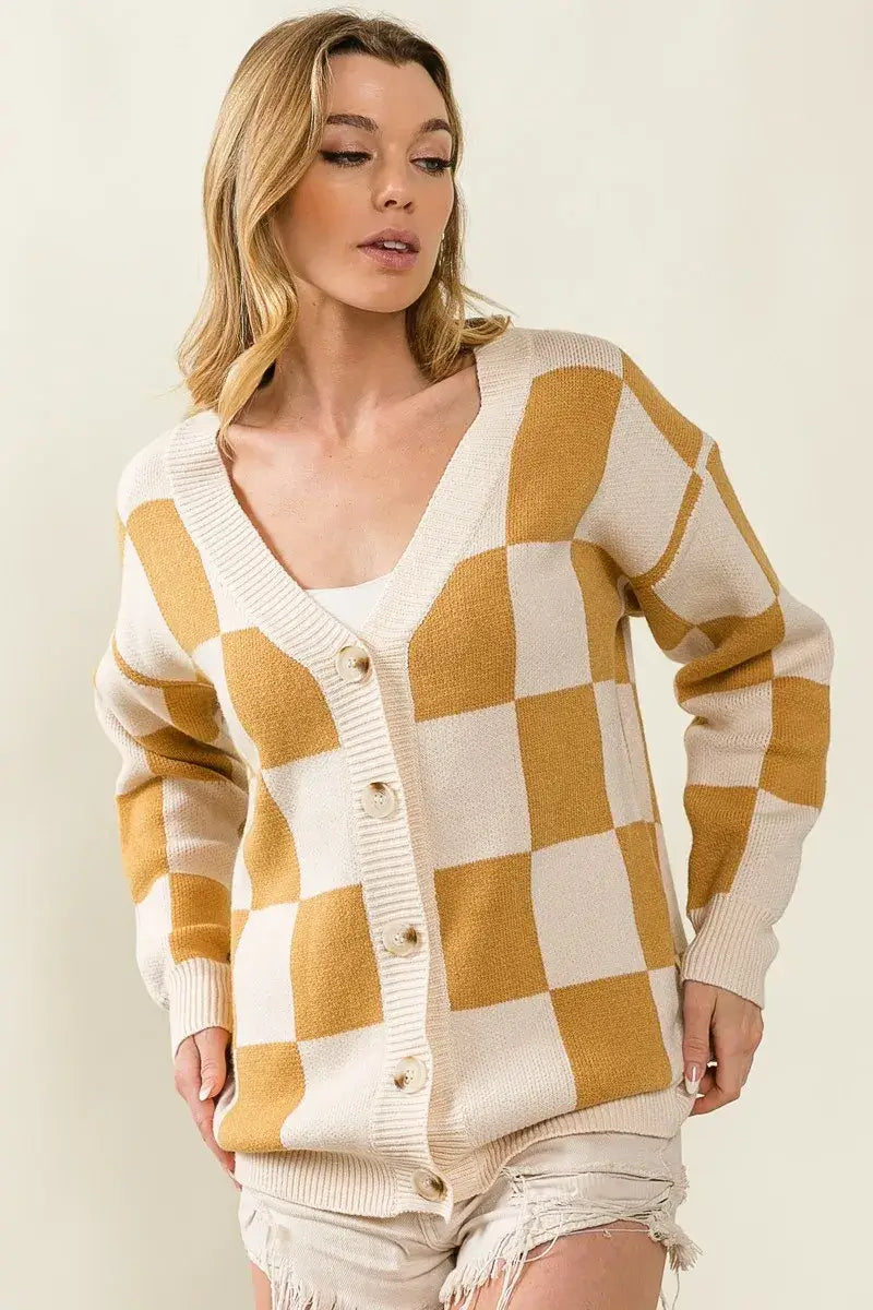 BiBi Checkered V Neck Cardigan Mustard Cream Pattern