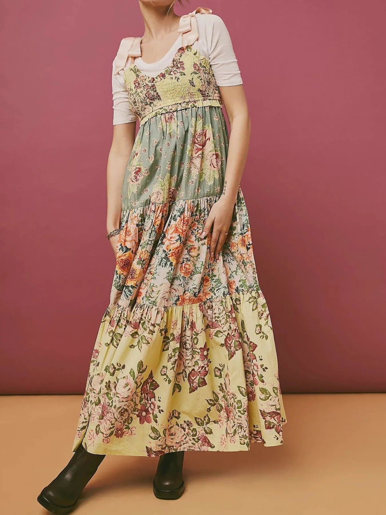 Smocked Printed Tie Shoulder Maxi Dress