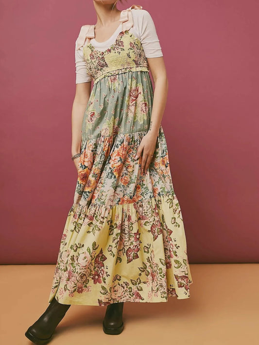 Smocked Printed Tie Shoulder Maxi Dress