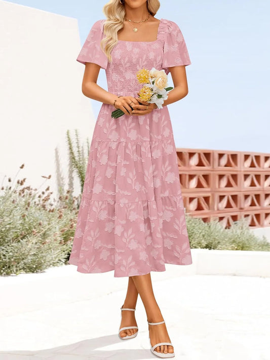 Smocked Square Neck Short Sleeve Dress