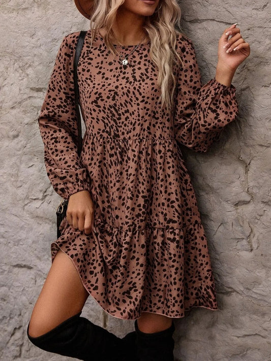Leopard Print Long Sleeve Casual Dress