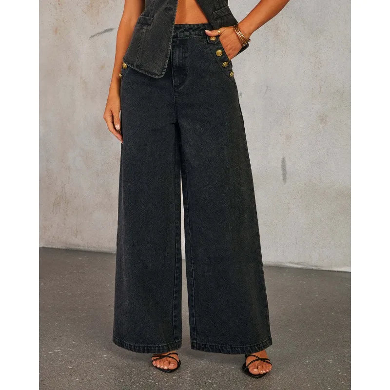 KADUWAKI Slim Denim Waistcoat Jeans 2pc Women Elegant Single Breasted O Neck Vest Wide Leg Pants Spring Lady High Street Outfits