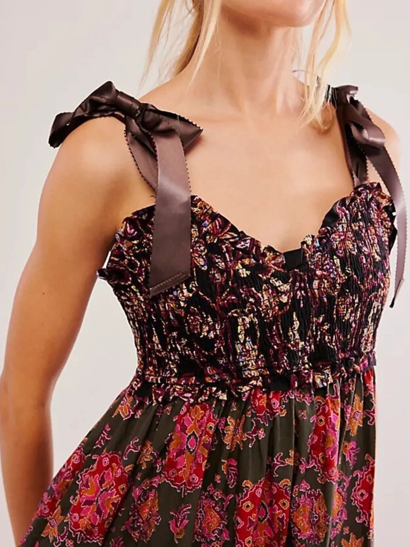 Smocked Printed Tie Shoulder Maxi Dress