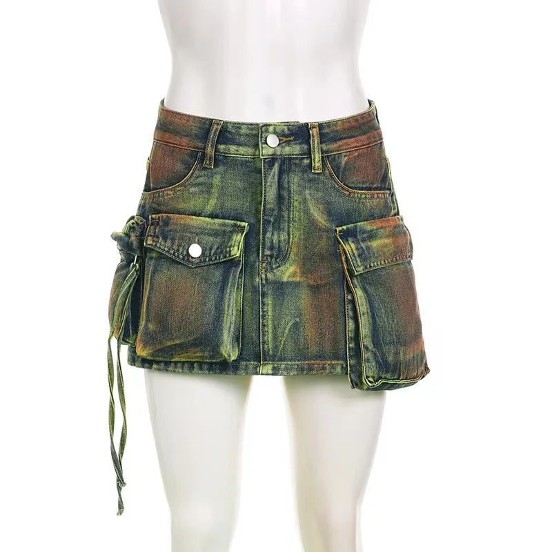 Make-old Three-dimensional Multi-pocket High Waist Denim Skirt. New Asymmetrical Casual A-line Mini Skirt for Women in Summer