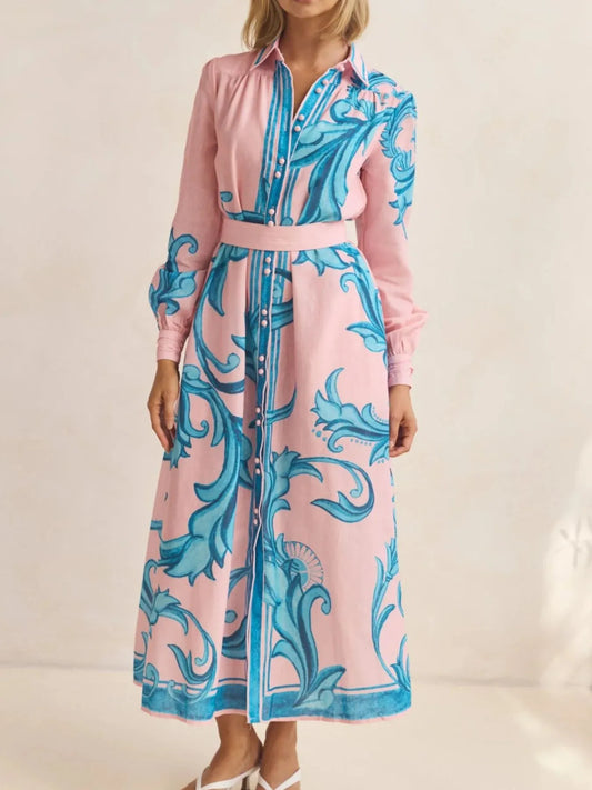 Printed Button Down Belted Shirt Dress