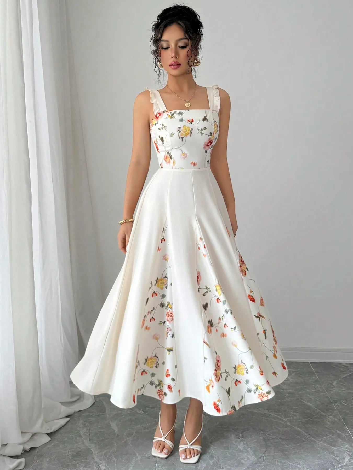 Printed Square Neck Midi Dress