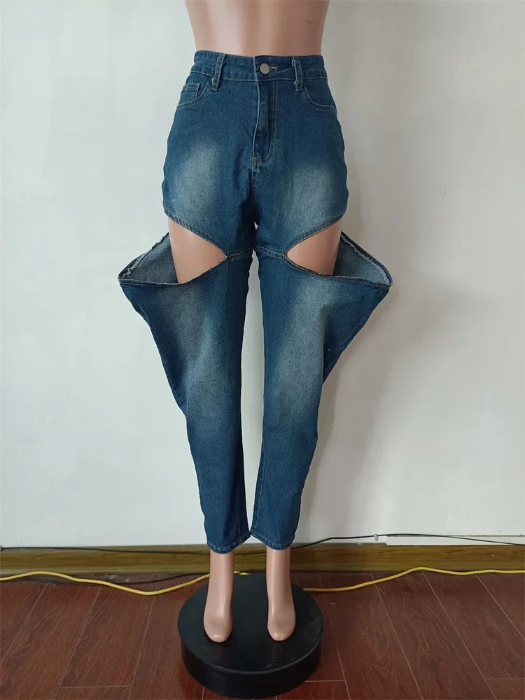 Hollow Elastic Women Demin Jeans High Waist Pockets Causal Vintage Bottoms Female Fashion Y2K Streetwear Clothing