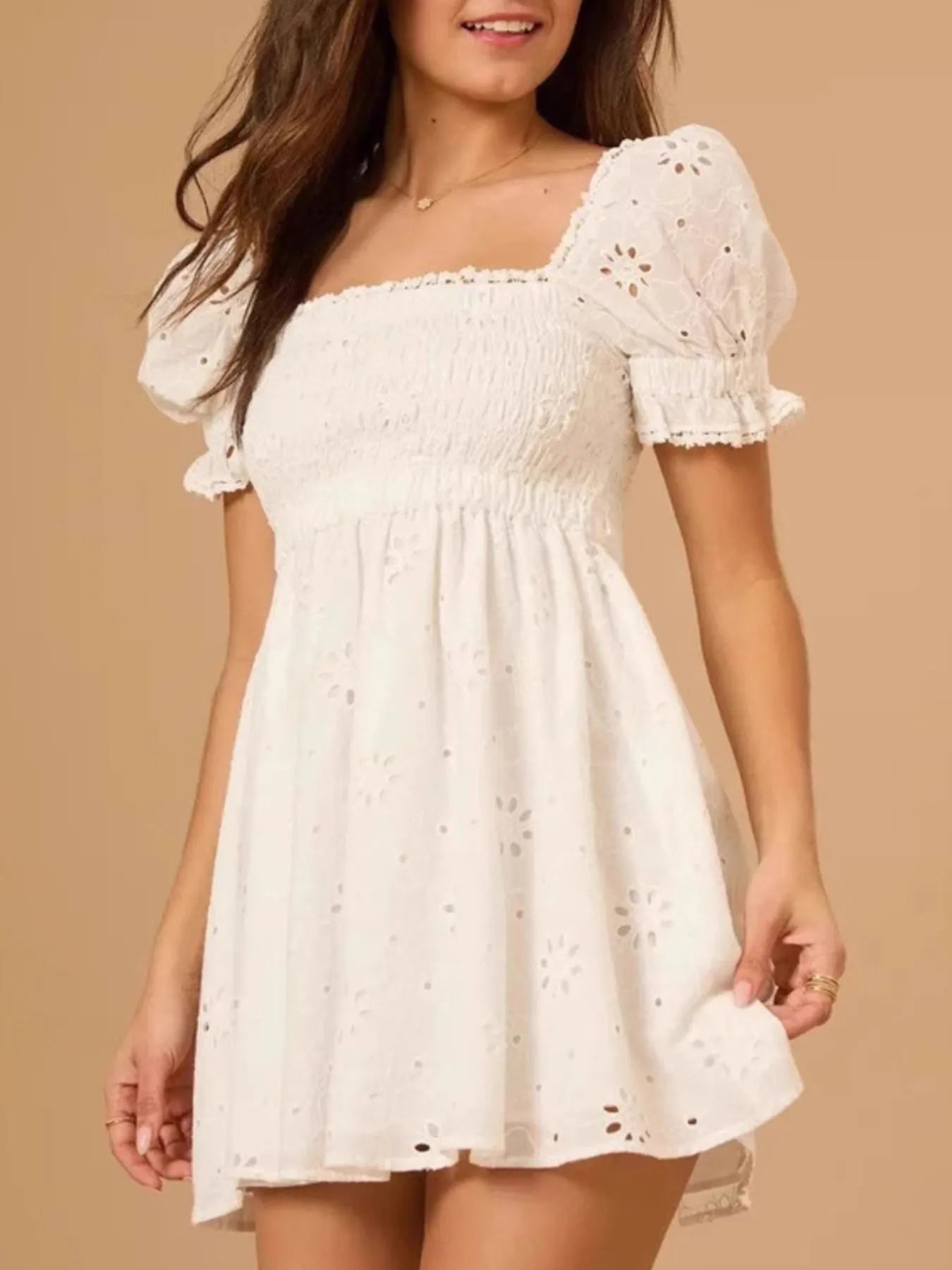 Eyelet Puff Sleeve Smocked Mini Dress
