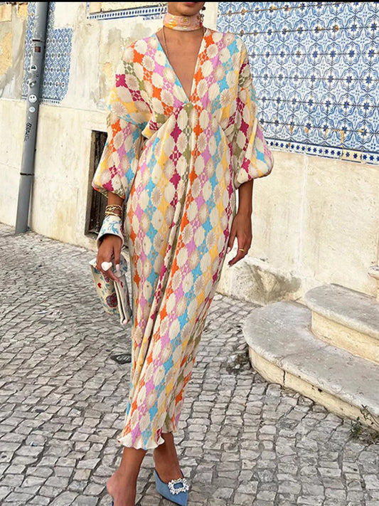 Printed Deep V-Neck Dress Plus Size