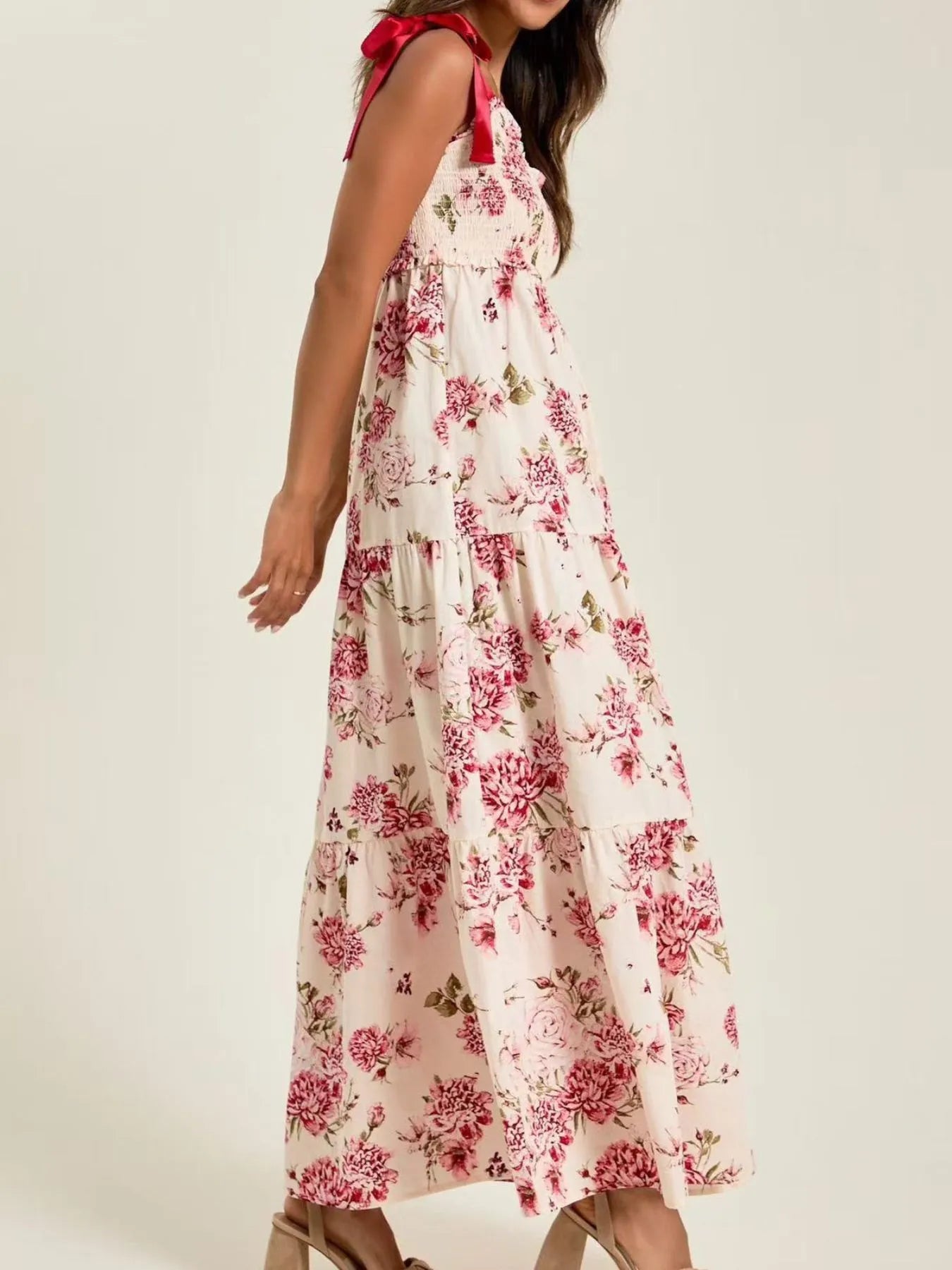 Smocked Tie Shoulder Printed Maxi Dress