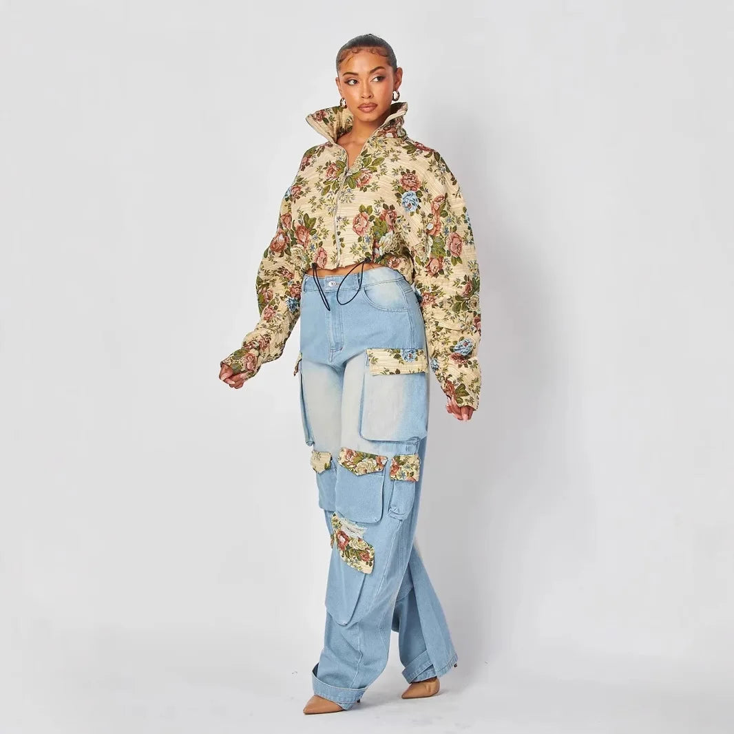 Women Tracksuit Pant Sets Zipper Cardigan Tops Print Zipper Fly Straight Ankle Length Denim Pants Jean Loose Matching Sets Y2k