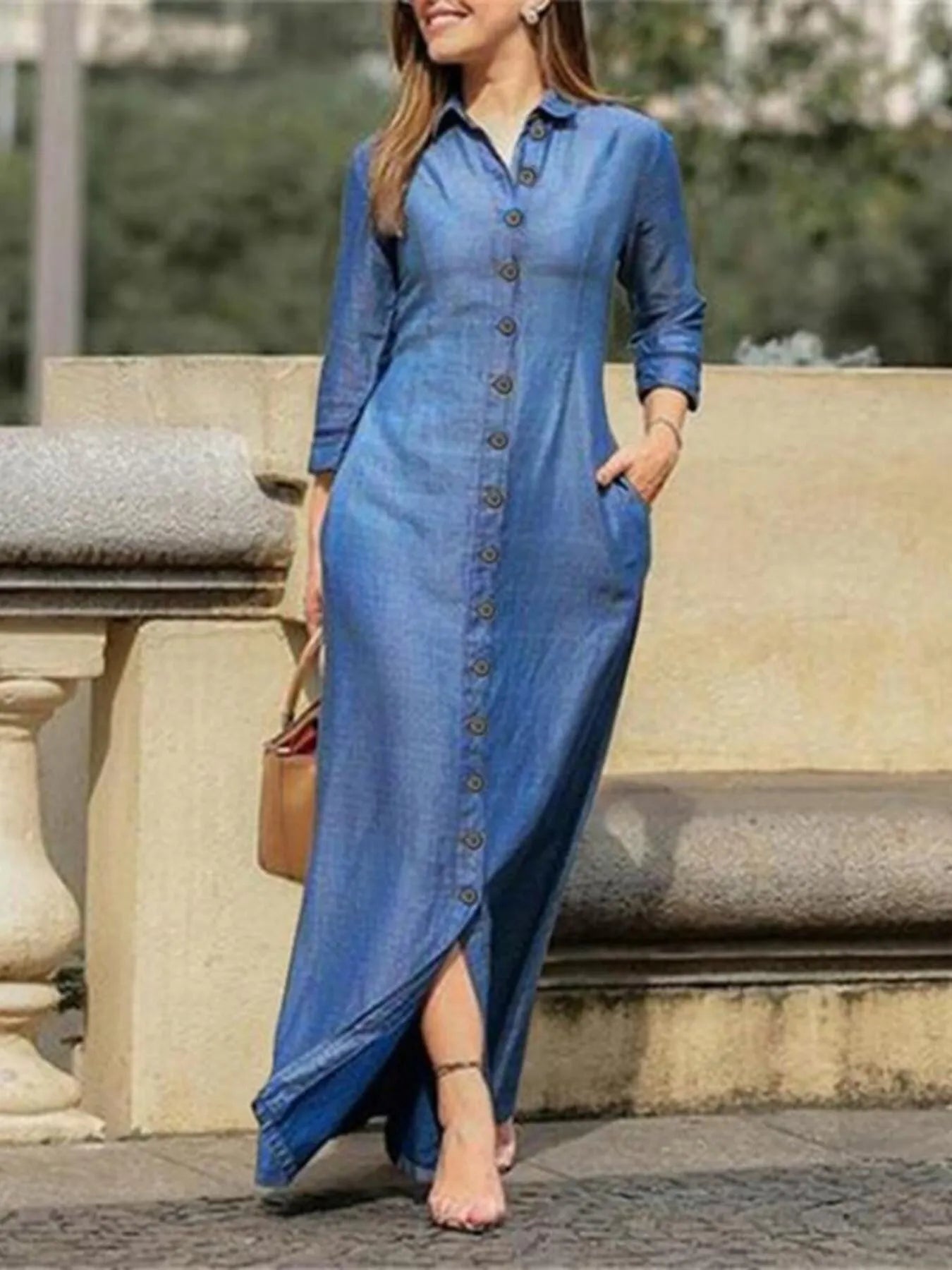 Button-Down Maxi Denim Dress Plus Size