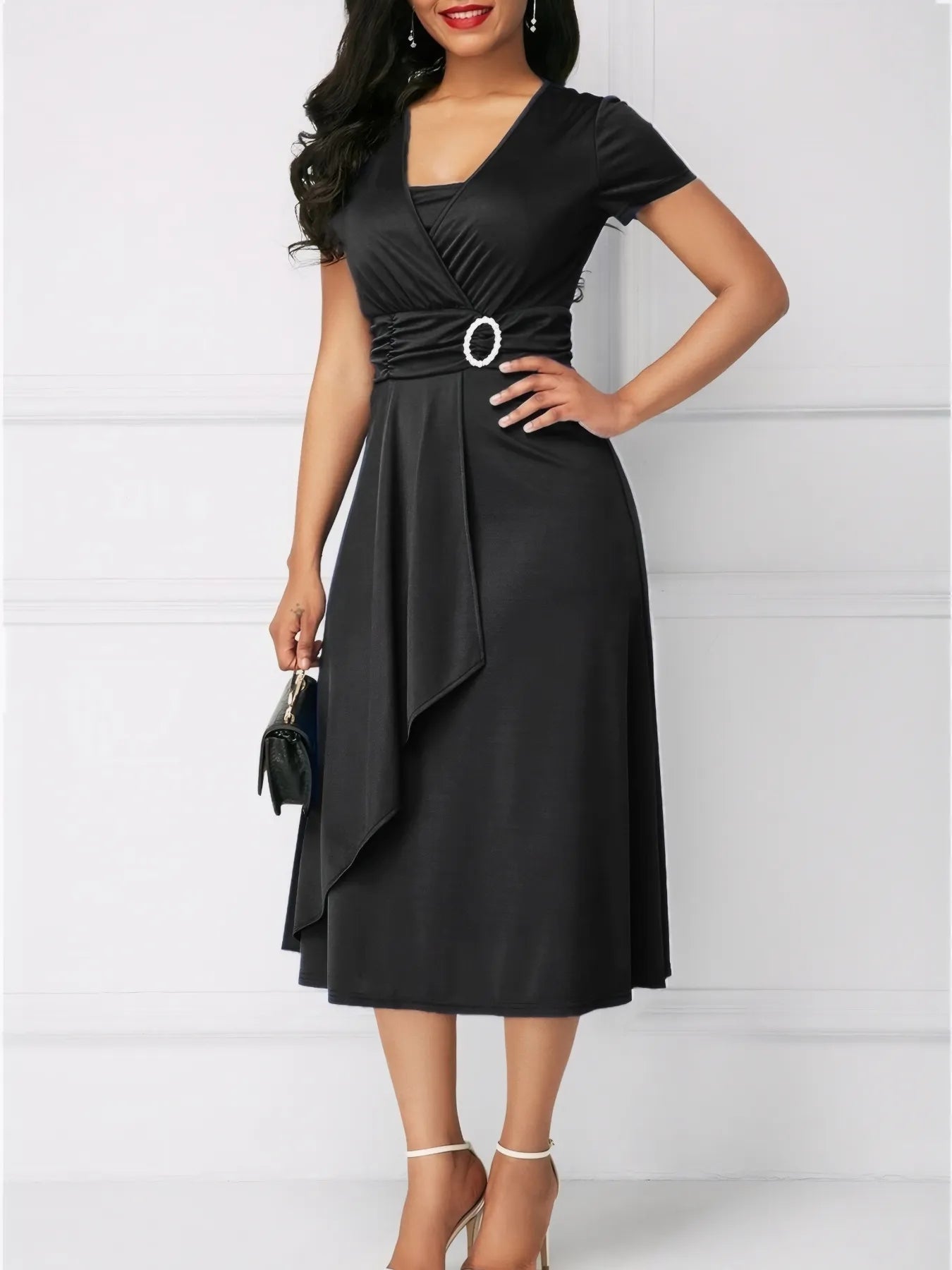 Short Sleeve Midi Wrap Dress with Belt Detail