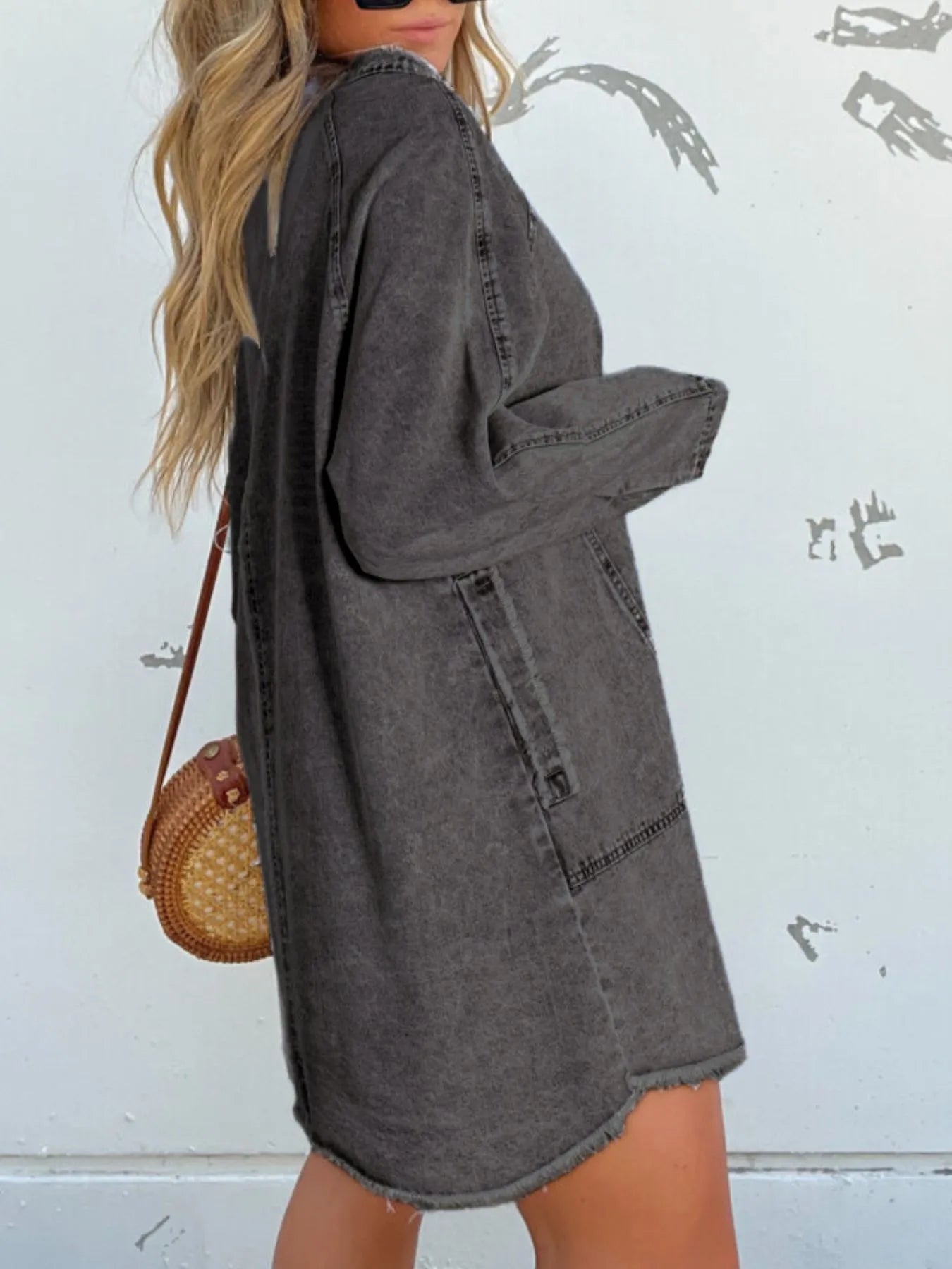 Button-Front Long Sleeve Denim Shirt Dress Plus Size