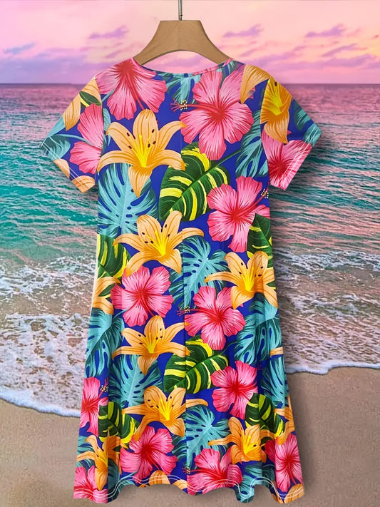 Women's Tropical Floral & Green Leaf Print V-Neck Short Sleeve Dress