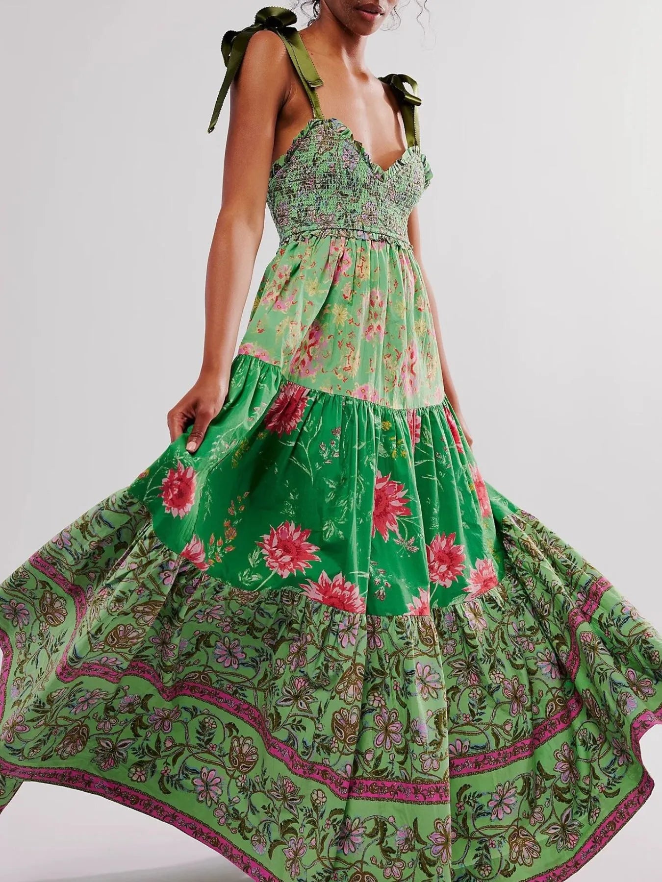 Smocked Printed Tie Shoulder Maxi Dress