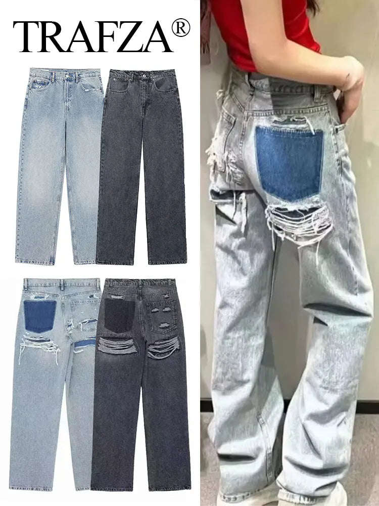 TRAFZA Jeans pour femmes 2024 Denim solide ample fermeture éclair braguette femme trou pantalon poches sauvage basique trajet femme jambe large pantalon long 