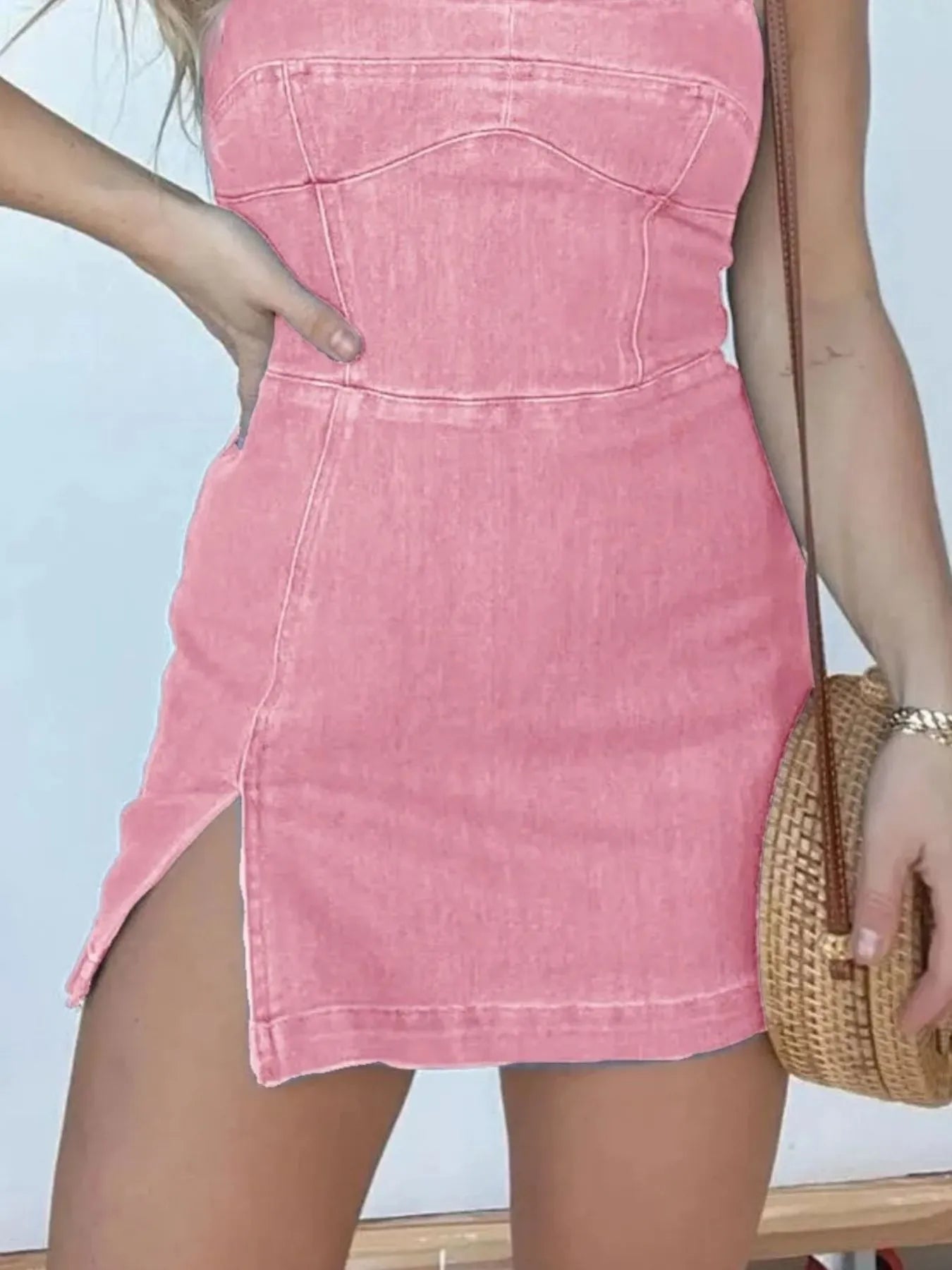 Slit Square Neck Denim Dress Plus Size