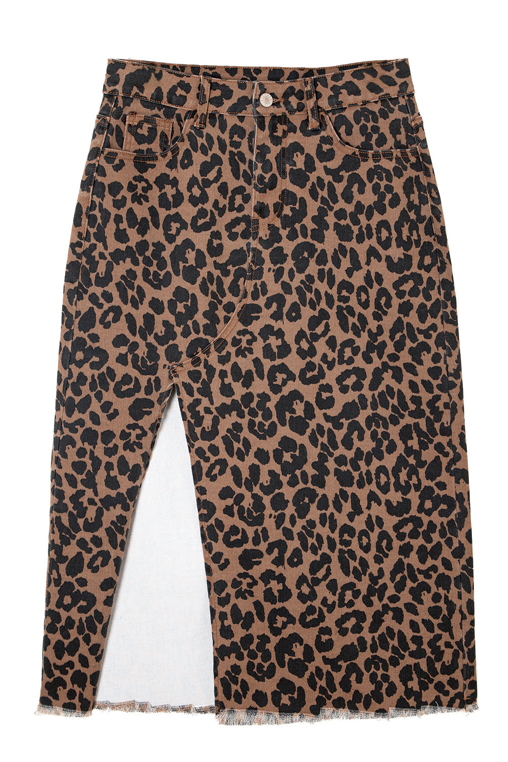 Brown Leopard Frayed Split Denim Midi Skirt With Pockets
