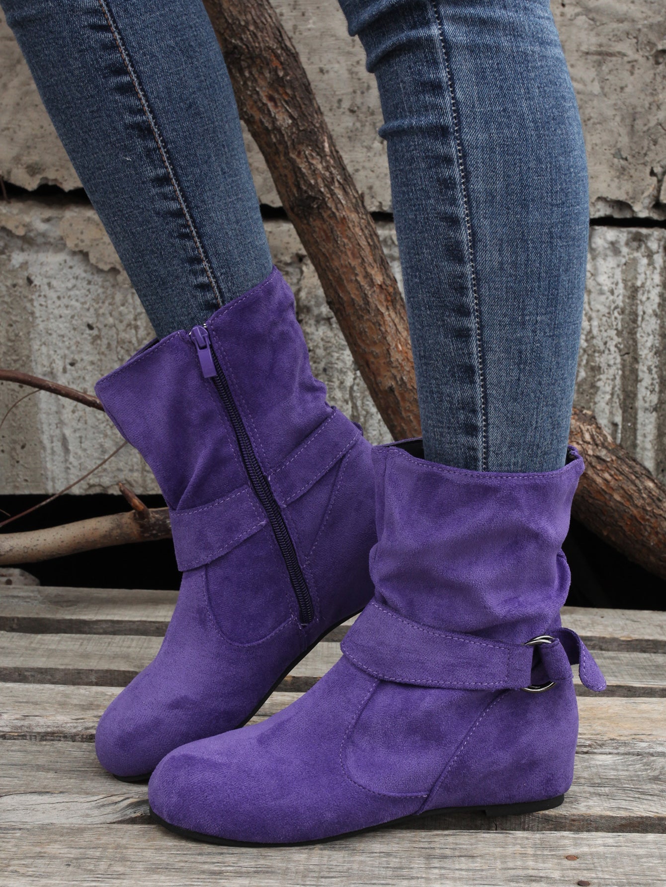 Ankle Boots  Round Toe Buckle Belt Side Zipper Boots