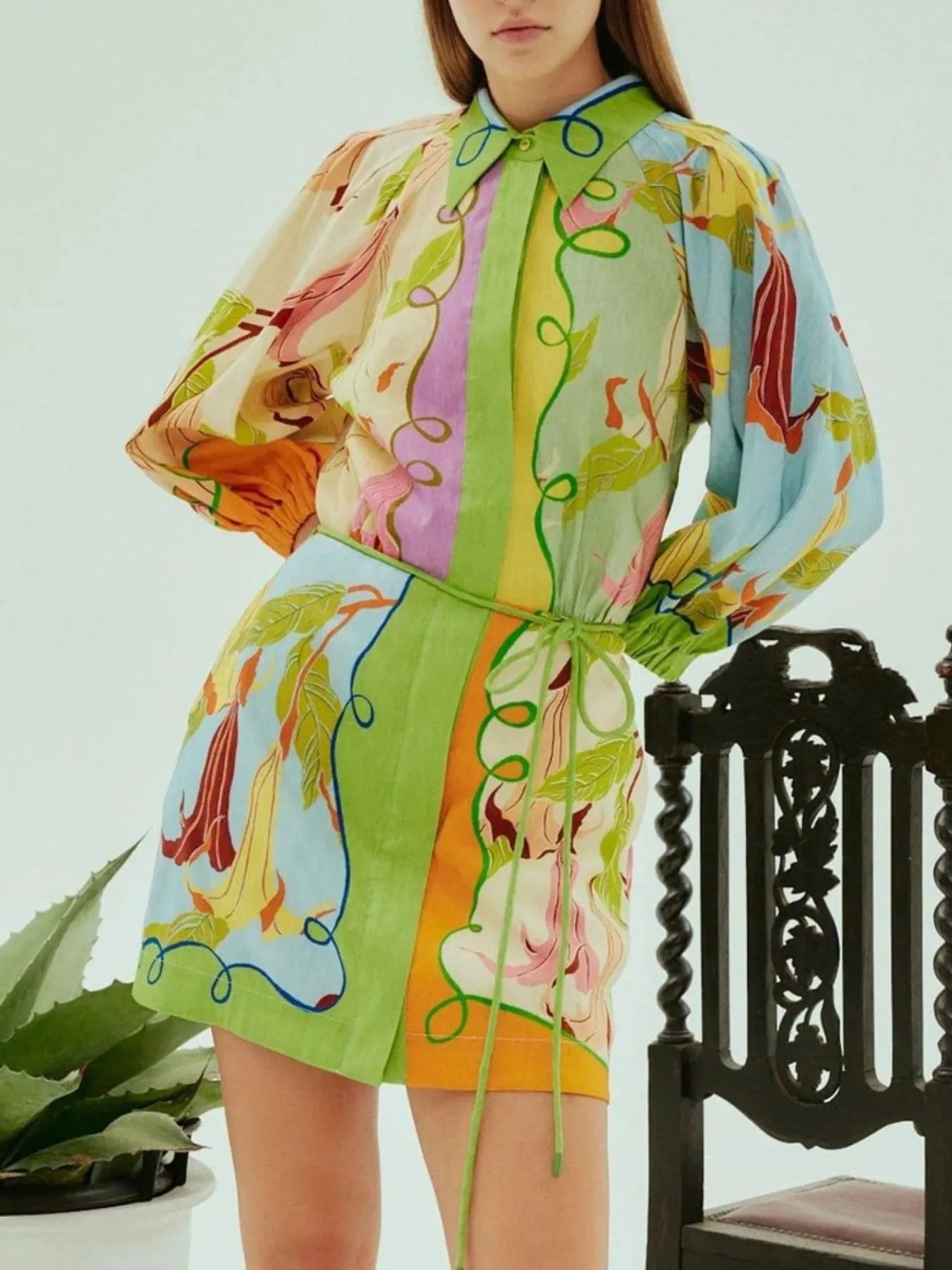Abstract Print Tie Front Mini Shirt Dress with Pockets