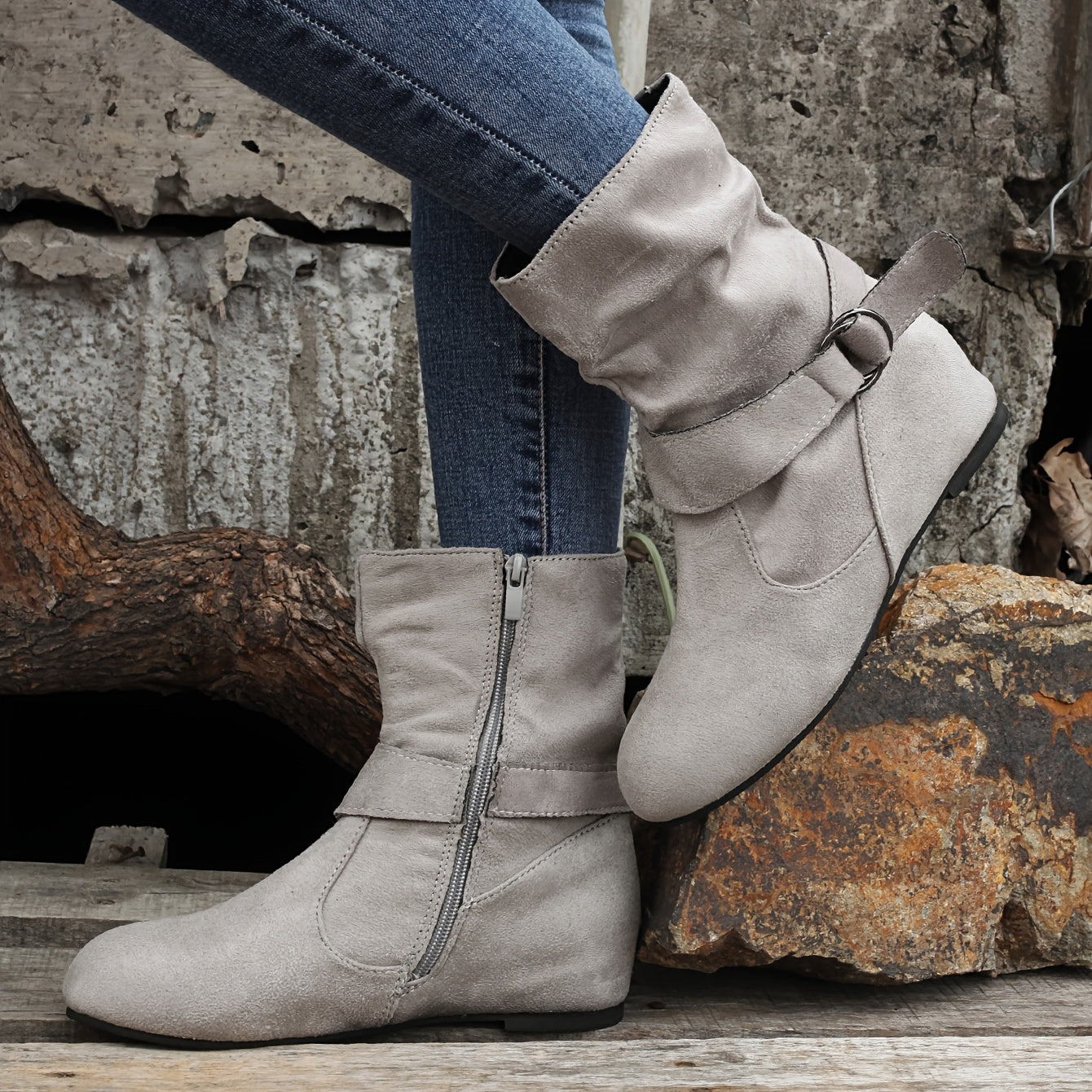 Ankle Boots  Round Toe Buckle Belt Side Zipper Boots