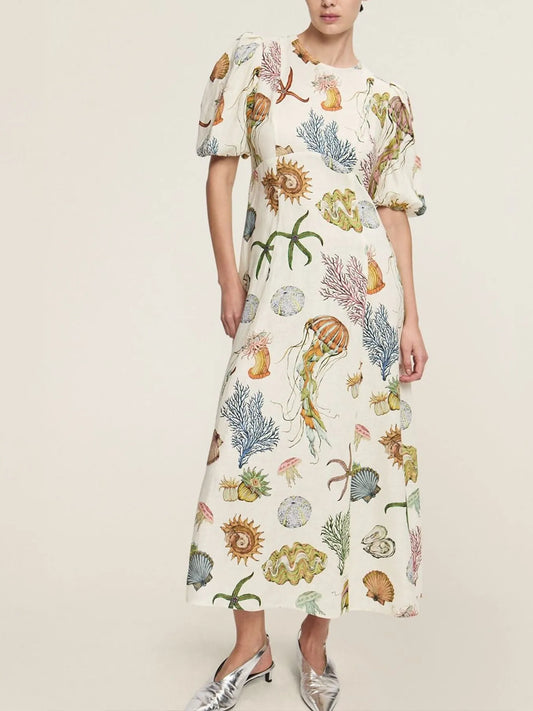 Printed Round Neck Puff Sleeve Dress