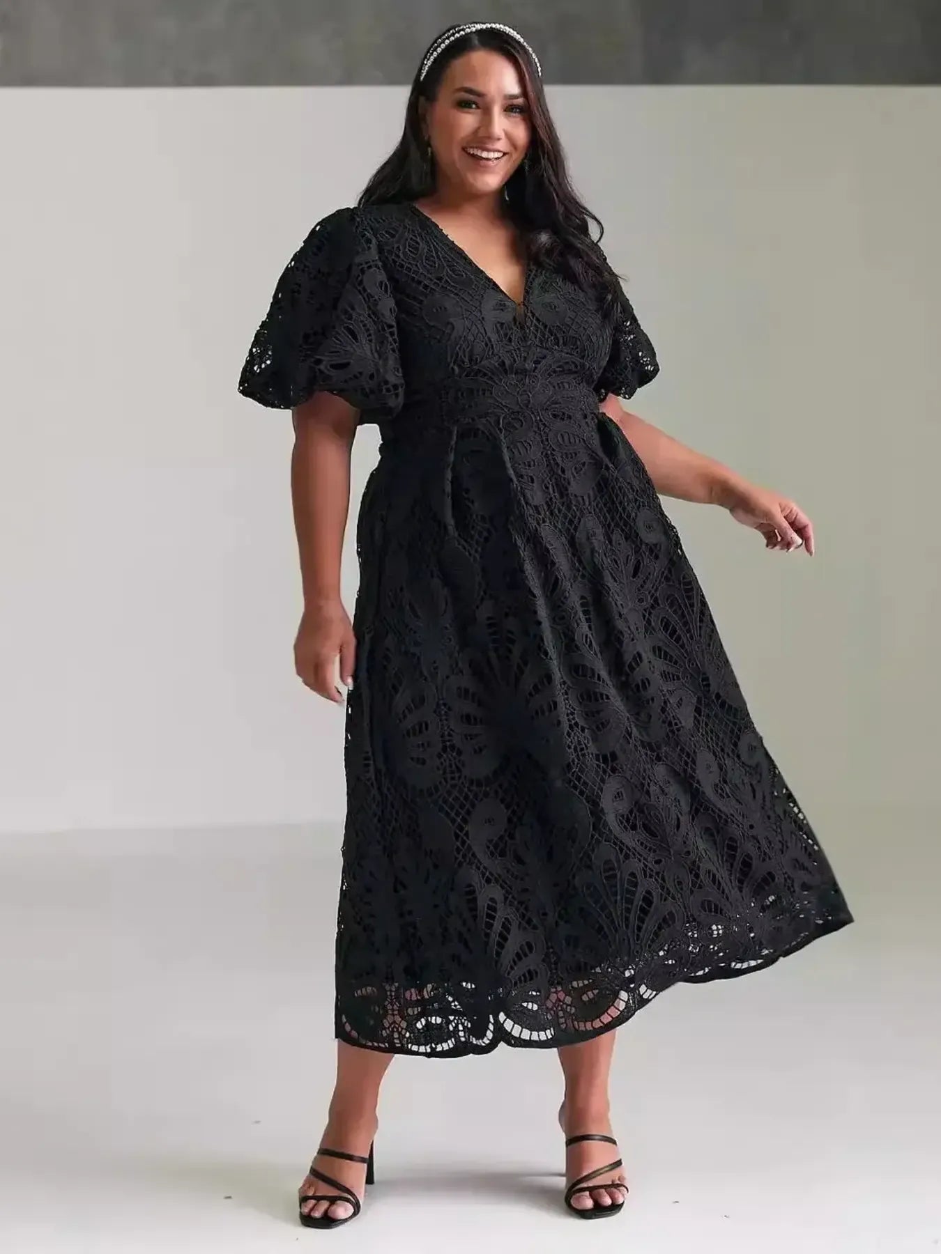 Lace V-Neck Midi Dress with Puff Sleeves
