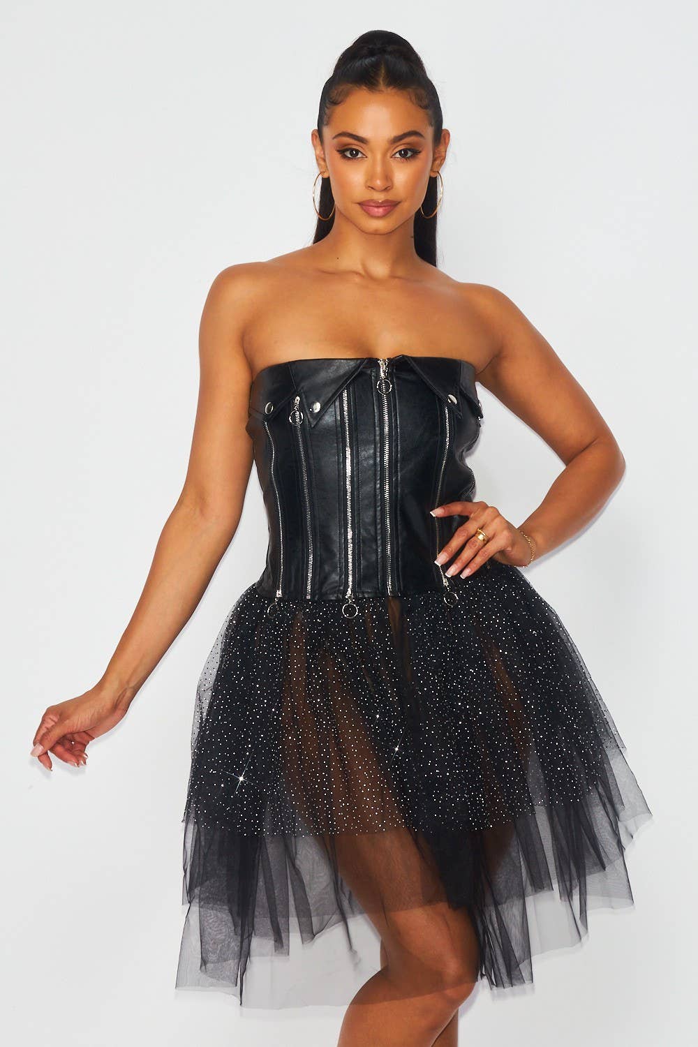 Kayla Contrast Mesh Faux Leather Zipper Detail Tutu Strapless Dress