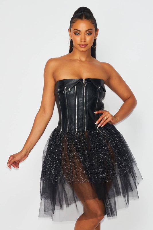 Kayla Contrast Mesh Faux Leather Zipper Detail Tutu Strapless Dress